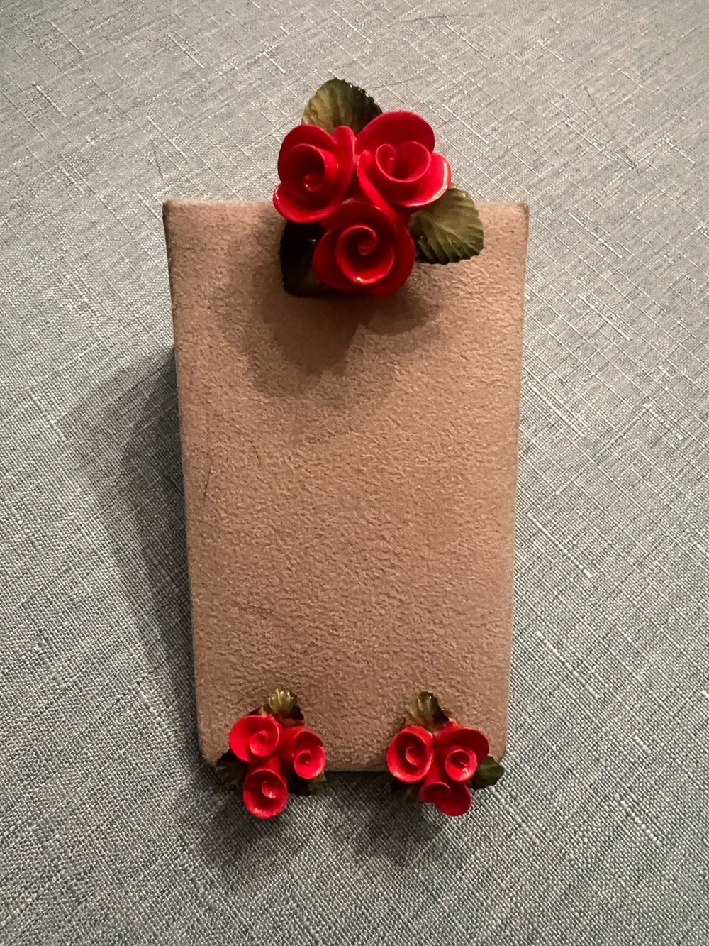 Cara China Staffordshire red roses clip on earrings and brooch pin